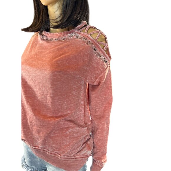 (6 for $25) Knox Rose Open Lattice Shoulder Embellished Sweatshirt Size XS - Picture 3 of 5
